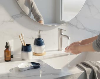Dispensador de jabón de cerámica azul y blanca para baño – Dispensador de jabón de cerámica blanca para baño