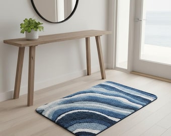 Handmade Ocean Themed Bath Mat, Tufted Suedu Bathroom Rug (40x60 cm)