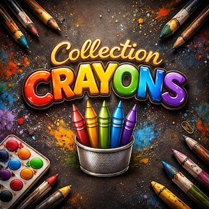May include: A colorful image featuring the text "Collection CRAYONS" in vibrant, 3D lettering. A metal container holds a rainbow of crayons, surrounded by scattered paint splatters and pencils. A watercolor palette is also visible.