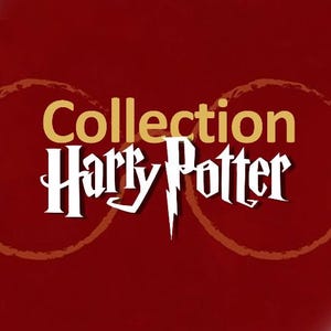 Peut inclure: Sur fond marron, le mot « Collection » en or et « Harry Potter » en blanc, avec un éclair stylisé. Deux cercles dorés encadrent le texte.