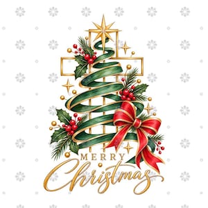 May include: A digital illustration of a Christmas tree formed by a green ribbon wrapped around a gold cross, topped with a gold star. It features red berries, green holly leaves, and a large red bow. The text Merry Christmas is written in gold.