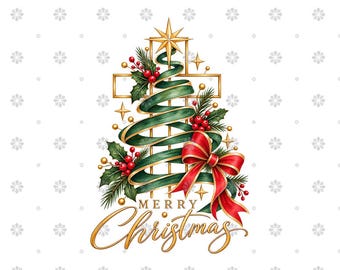 May include: A digital illustration of a Christmas tree formed by a green ribbon wrapped around a gold cross, topped with a gold star. It features red berries, green holly leaves, and a large red bow. The text Merry Christmas is written in gold.