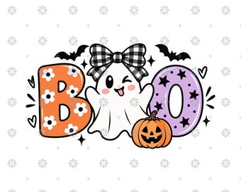 May include: A graphic design featuring the word BOO with an orange letter B decorated with white flowers, a white ghost wearing a black and white buffalo plaid bow, and a purple letter O with black stars, plus a small orange jack-o'-lantern.