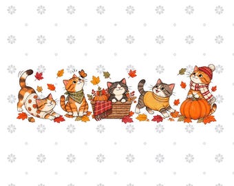 May include: A digital illustration featuring five cats in an autumn setting. One cat stretches in a leaf-patterned sweater, another wears a green bandana, one sits in a basket with a pumpkin, one wears a yellow sweater, and one wears a red hat and scarf with a pumpkin.