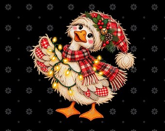 Christmas Goose PNG - Cute Duck in Plaid Santa Hat with Christmas Lights - Festive Winter Sublimation Clipart Download