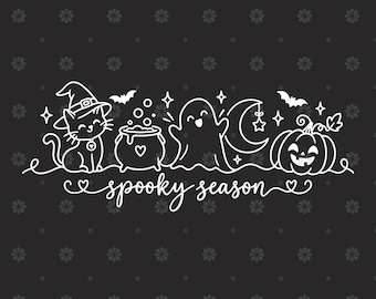 May include: A white line art graphic on a dark background featuring a cat wearing a witch hat, a bubbling cauldron, a ghost, a crescent moon with a star, and a jack-o'-lantern. The text "spooky season" is written in a cursive script below.