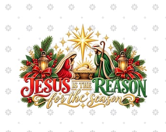 May include: A Christmas nativity graphic featuring Mary in red, Joseph in green, and the infant Jesus in a manger under a gold star. Flanked by lanterns, pine branches, and red bows, the text reads: Jesus is the reason for the season.