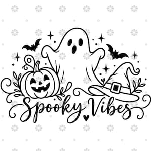 May include: A black and white graphic illustration featuring a central ghost, a jack-o'-lantern pumpkin, and a witch hat. The design includes small bats, stars, and decorative swirls, with the text Spooky Vibes written in a cursive script font.