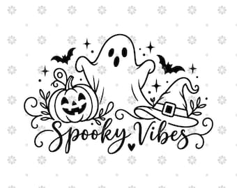 May include: A black and white graphic illustration featuring a central ghost, a jack-o'-lantern pumpkin, and a witch hat. The design includes small bats, stars, and decorative swirls, with the text Spooky Vibes written in a cursive script font.