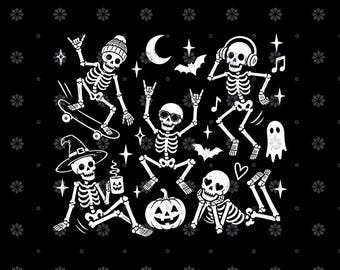 May include: A black graphic print featuring white skeleton illustrations. One skeleton skateboards, one wears headphones, one wears a witch hat holding a mug, one wears heart-shaped sunglasses behind a pumpkin, and one lies down. Includes bats, stars, and a ghost.