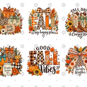 May include: A collection of six autumn-themed graphic designs featuring pumpkins, sunflowers, plaid patterns, leopard print, cowboy boots, and bows. The text includes Hello Fall, Fall is my happy place, Fall Days & Cowgirl Ways, Pumpkin Season, Good Fall Vibes, and Sweater Weather.