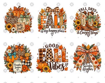 May include: A collection of six autumn-themed graphic designs featuring pumpkins, sunflowers, plaid patterns, leopard print, cowboy boots, and bows. The text includes Hello Fall, Fall is my happy place, Fall Days & Cowgirl Ways, Pumpkin Season, Good Fall Vibes, and Sweater Weather.