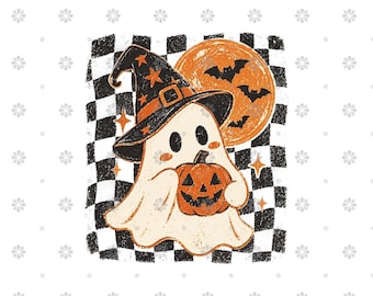 May include: A graphic illustration featuring a white ghost wearing a black witch hat with orange stars, holding a small orange jack-o'-lantern. Behind the ghost is a large orange moon with black bats, set against a black and white checkered background.