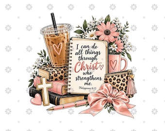 May include: A spiral-bound notebook with the text I can do all things through Christ who strengthens me. Philippians 4:13, surrounded by an iced coffee, a stack of books, a cross, a pink bow, a leopard print pouch, and pink flowers.