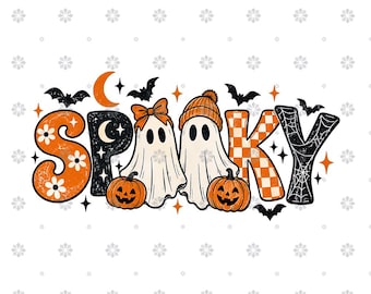 May include: A graphic design featuring the word SPOOKY in stylized letters with orange floral patterns, black textures, and a checkered print. Two white ghosts, one with an orange bow and one with an orange beanie, stand beside orange jack-o'-lanterns.