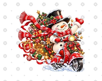 May include: A snowman wearing a black top hat and a red scarf rides a red scooter through snow. The snowman carries a sack filled with wrapped Christmas gifts, pine branches, and ornaments. The scooter is decorated with a red bow.