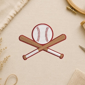 May include: Embroidered baseball design featuring a white baseball with red stitching and a red outline, crossed with two brown baseball bats. The bats have white tips and red accents. The design is on a beige fabric.