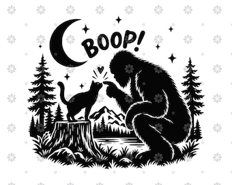 May include: A black and white graphic illustration featuring a silhouette of a Bigfoot crouching to touch noses with a cat standing on a tree stump. The scene includes a crescent moon, stars, pine trees, mountains, and the text BOOP! above.