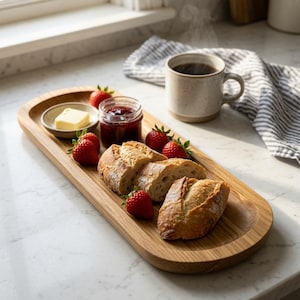Könnte beinhalten: Ein längliches, ovales Serviertablett aus Holz mit drei Stücken knusprigem Brot, einem kleinen Glas mit roter Marmelade, einer Keramikschale mit einem Stück gelber Butter und vier frischen roten Erdbeeren, ergänzt durch eine dampfende Tasse.