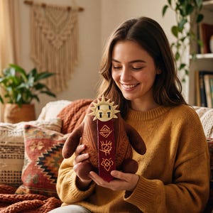May include: A brown plush toy with a sun-shaped head and a red banner with symbols. The toy is held by a person wearing a yellow jumper. The background includes pillows, plants, and a macrame wall hanging.