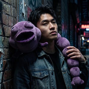 May include: A plush, purple creature with a large open mouth and segmented body. The stuffed animal is held over the shoulder. The background includes a brick wall and a neon sign.