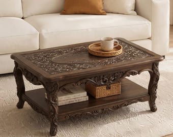 Table basse ovale avec étagère de rangement, table basse à deux niveaux en bois massif, table basse rustique pour salon de style campagnard.