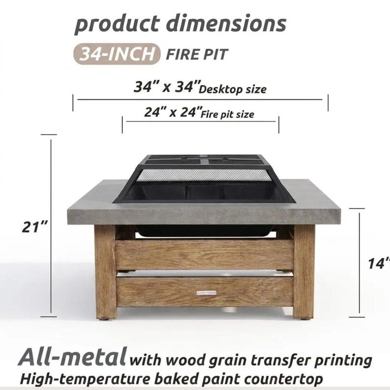 34" Wood Burning Fire Pit Table with Natural Wood Grain Side Panels, Square Outdoor Fireplace for Patio, Heavy Duty Steel Firepit with Cover imagem 2