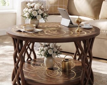 Table basse ronde de rangement, table d'appoint en bois à deux niveaux, table basse artistique gris chocolat, meuble central moderne pour salon