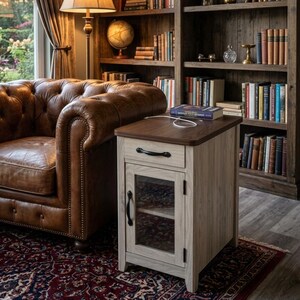 Slim End Table with USB Ports & Outlets, Wooden Sofa Side Accent Table, Small Bedside Table with Storage Drawer for Home Office