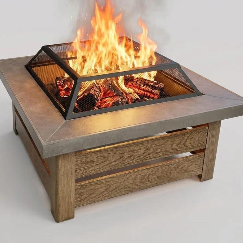 34" Wood Burning Fire Pit Table with Natural Wood Grain Side Panels, Square Outdoor Fireplace for Patio, Heavy Duty Steel Firepit with Cover imagem 3