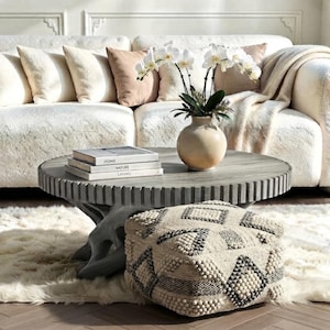 Fluted Grey Drum Coffee Table, 31.5-Inch Modern Round Center Table with Pedestal Base