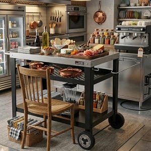 May include: A stainless steel kitchen island cart with a black metal frame and four wheels. The cart features a lower shelf holding a blender and a wooden spice rack. A wooden chair with a woven seat is positioned in front of the cart.