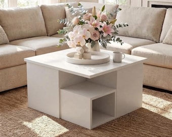 Table basse carrée blanche, table basse moderne en bois avec compartiment de rangement intégré, mobilier de salon
