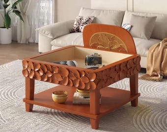 Table basse relevable orange, table basse ronde en bois avec rangement, table d'appoint décorative à motifs floraux, mobilier de salon