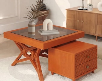 Ensemble de deux tables basses gigognes, table basse ronde en bois avec meuble de rangement, meuble central moderne pour salon