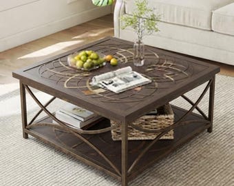 Table basse ronde de rangement, table d'appoint en bois à deux niveaux, table basse artistique gris chocolat, meuble central moderne pour salon
