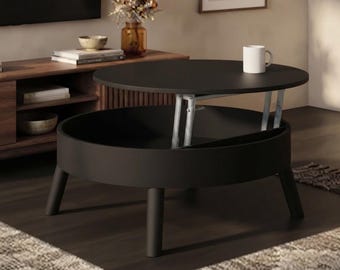 Table basse noire relevable, table basse moderne en bois avec compartiment de rangement et pieds inclinés, mobilier de salon