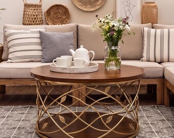 Table basse ronde, table centrale à deux niveaux avec piètement géométrique en métal, table cocktail rustique en bois massif, meuble de salon, table de rangement