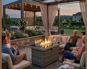 Rectangular Outdoor Fire Pit Table – 60K BTU Propane Patio Heater with Wicker Rattan Base & Glass Shield