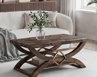 Table basse en bois, table cocktail rustique patchwork avec piètement incurvé en X, meuble d'appoint pour salon