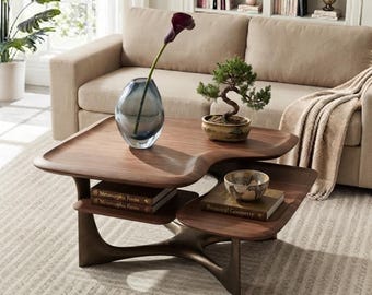 Leaf-Shaped Coffee Table, Modern 2-Tier Asymmetric Center Table with Lower Storage Platform and Sturdy Slanted Legs for Living Rooms