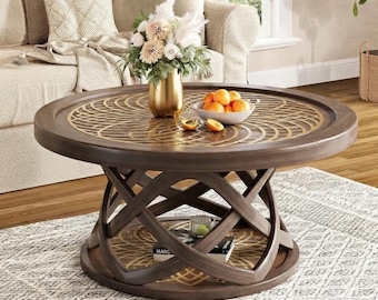 Table basse de rangement à base incurvée, table d'appoint ronde à deux niveaux, table basse artistique gris chocolat, meuble central moderne pour salon