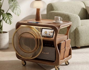 Modern Wooden Rolling Side Table, Mobile End Table with Fluted Glass Door, Open Storage Shelves, Magazine Rack, and Caster Wheels
