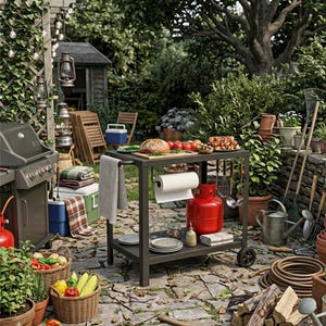 May include: A dark gray metal outdoor utility cart with two shelves, featuring a side handle, a paper towel holder, and a red propane tank on the bottom shelf. The cart is positioned on a stone patio and holds plates, glasses, and food items.