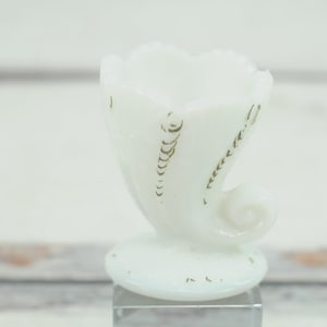 Antique . Opal Glass Milk Glass Cornucopia Horn Of Plenty Painted Decorated Toothpick Holder