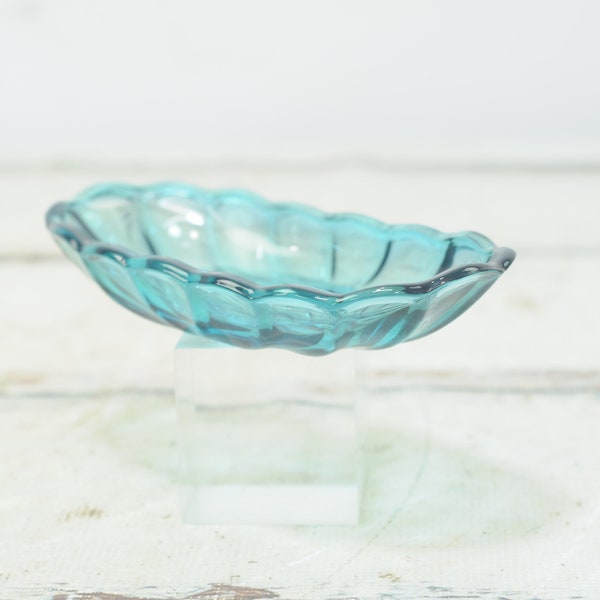 Vintage . Blue Glass Oblong Scalloped Celery Bowl, Serving Bowl, Candy Dish