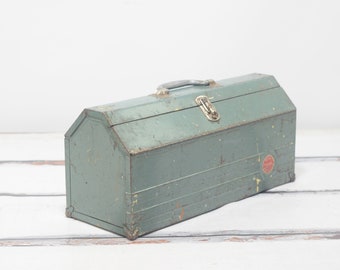 Vintage Blue/Green Metal Wards Master Tool Box W/Tray Industrial Machine Age Tool Box Steel Old