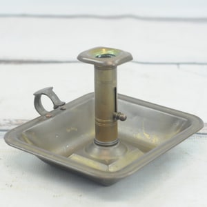 Antique Colonial Push Up Pin Brass Chamber Stick Holder Beautifully Designed Candle Holder  Finger Hold Square Wax Plate+