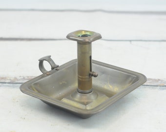 Antique Colonial Push Up Pin Brass Chamber Stick Holder Beautifully Designed Candle Holder  Finger Hold Square Wax Plate+