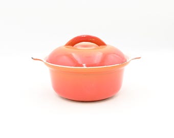Cazuela de hierro fundido esmaltada vintage de 1,5 cuartos de galón, Descoware 17-A 16 FE, Bélgica, color naranja llama